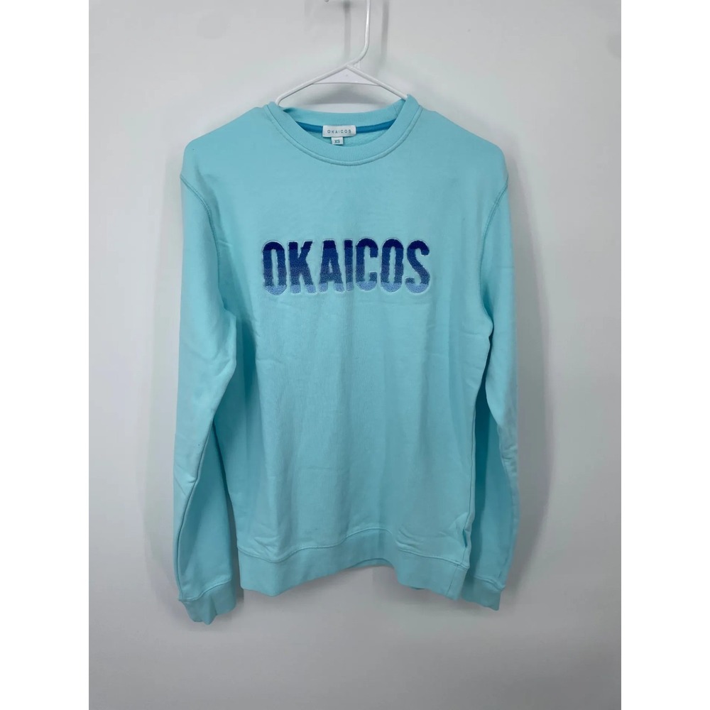 Okaicos Womens Sweatshirt Pullover XS Light Blue Embroidered Logo Crewneck